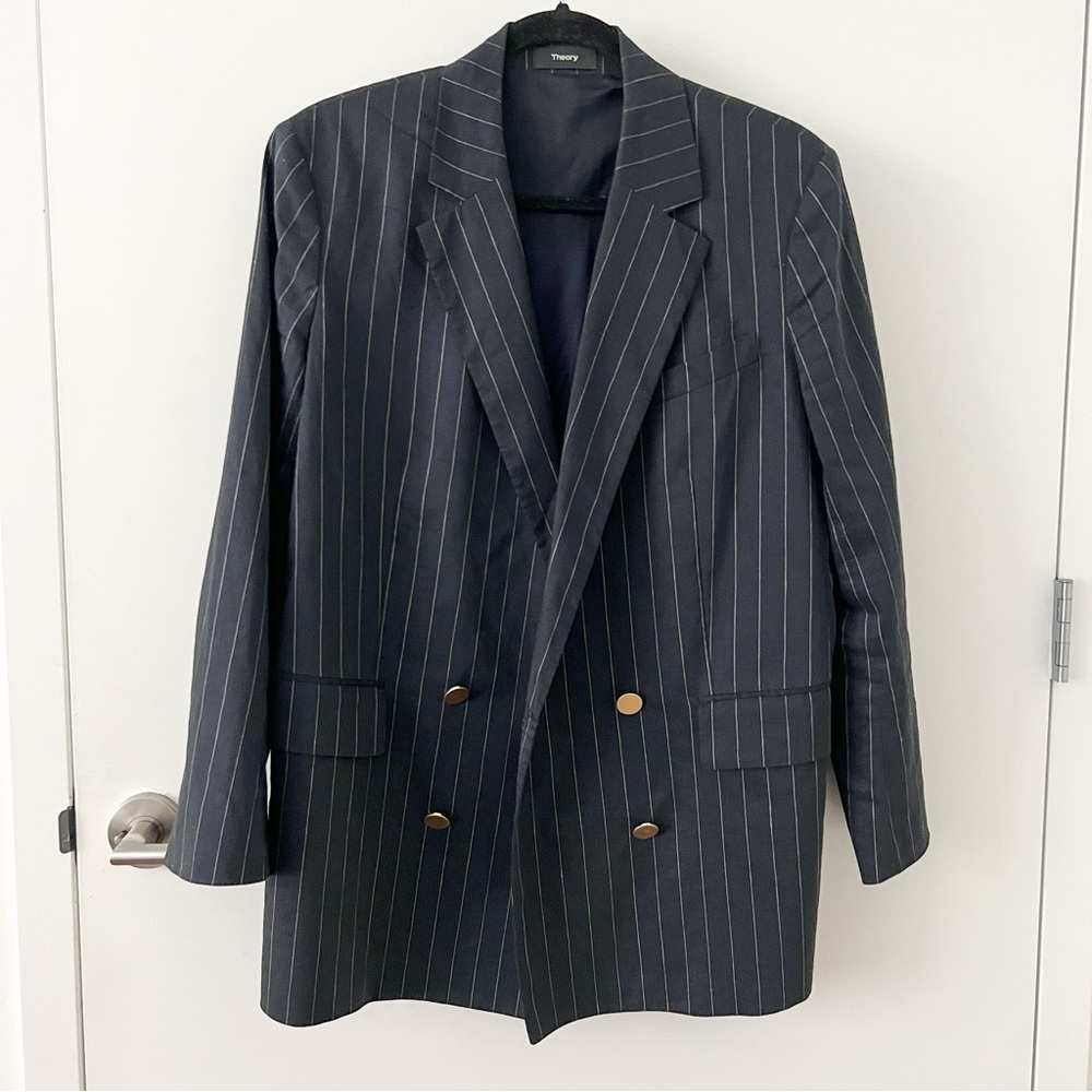 Theory Navy Pinstripe Linen Double Breasted Blazer with Gold Buttons Size US 10